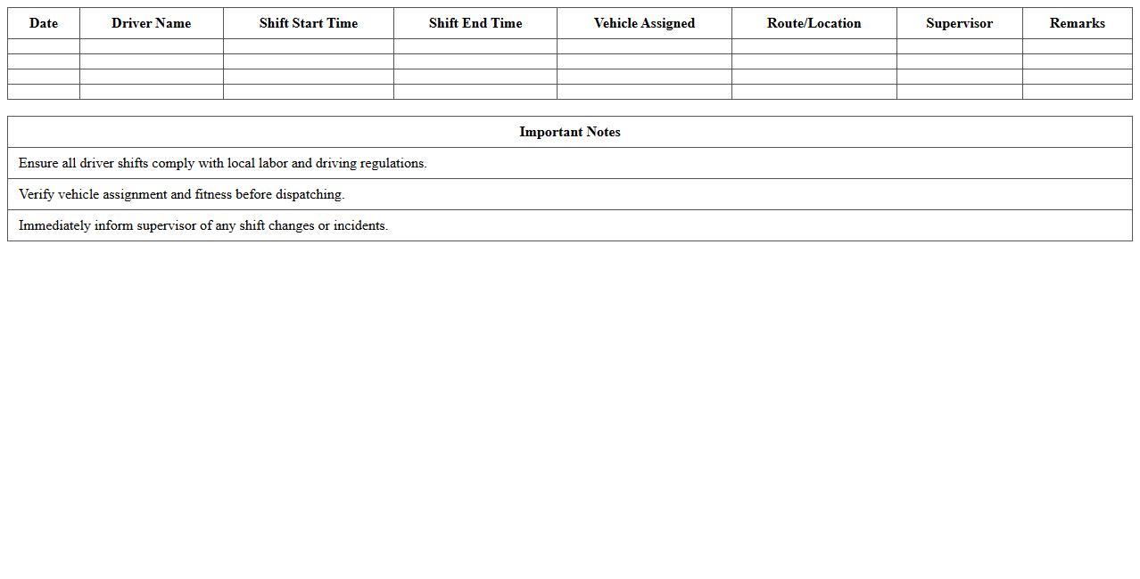 Driver Shift Assignment Sheet