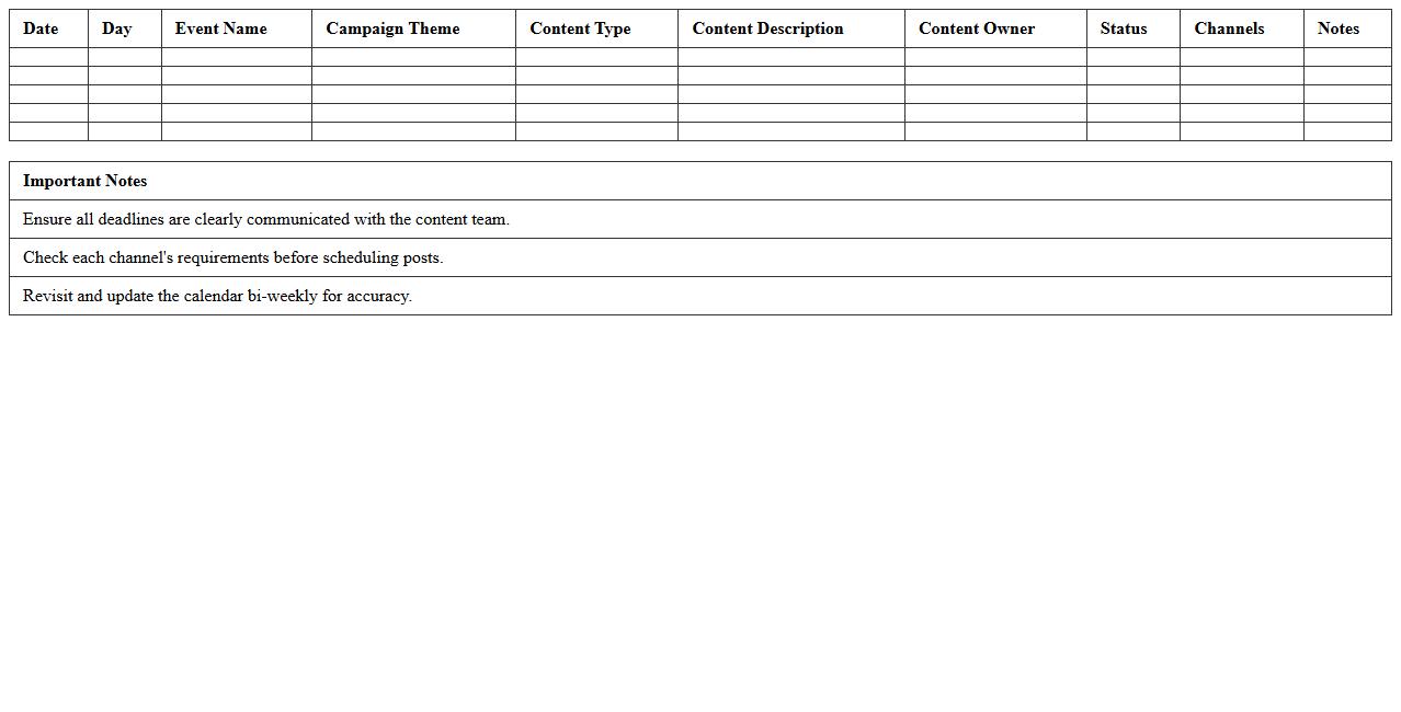 Event Campaign Content Calendar