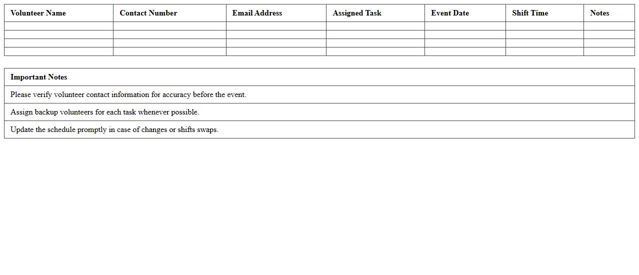 Event Volunteer Contact List with Schedule Excel