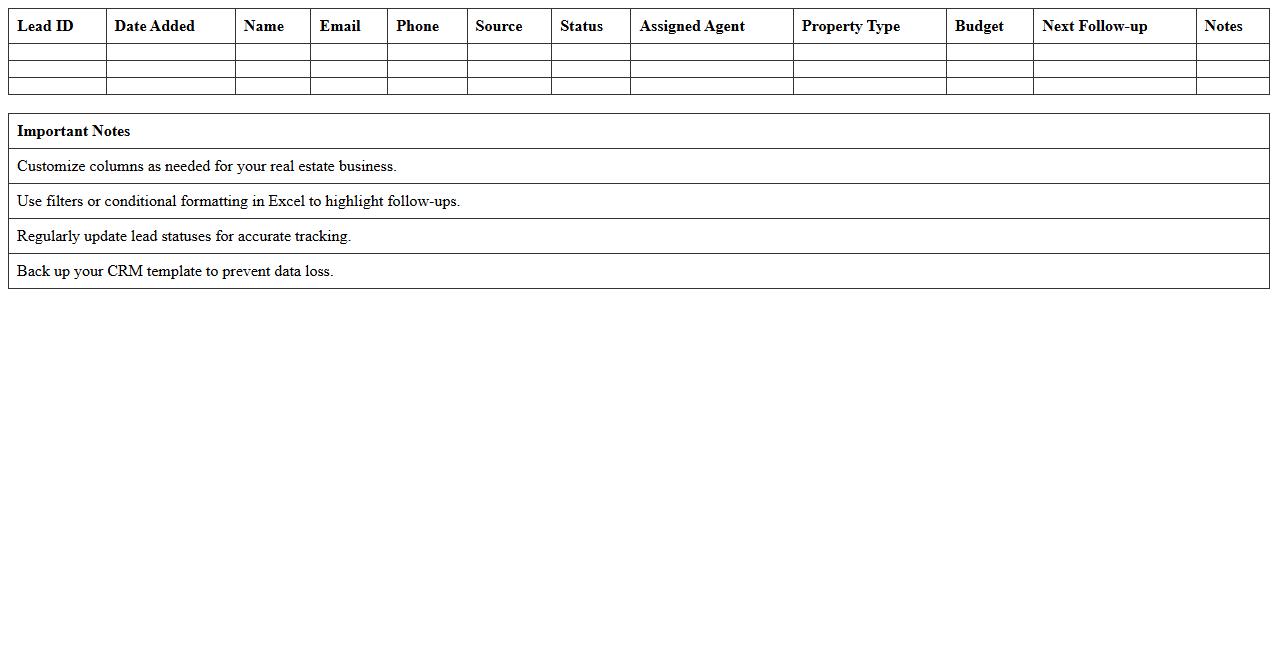 Excel CRM Template for Real Estate Leads