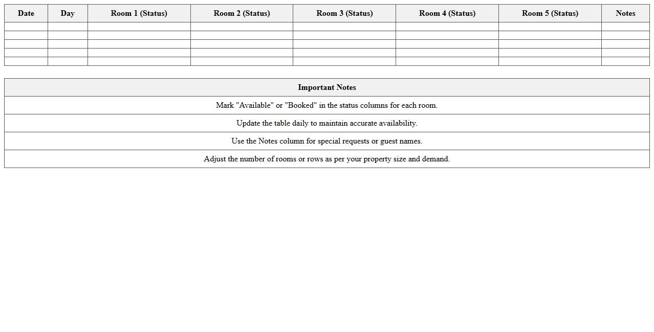 Excel Template for Bed and Breakfast Room Availability