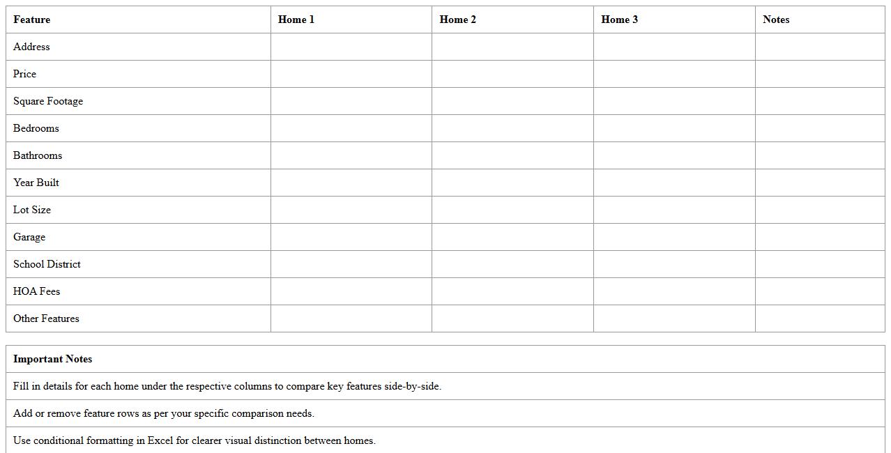 Excel Template for Side-by-Side Home Comparison