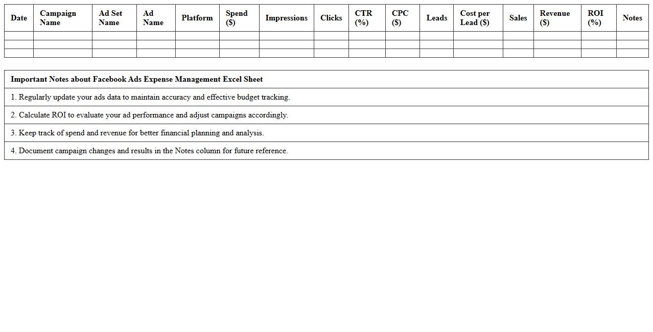Facebook Ads Expense Management Excel Sheet