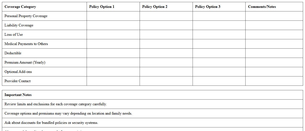 Family Renter’s Insurance Coverage Comparison Template