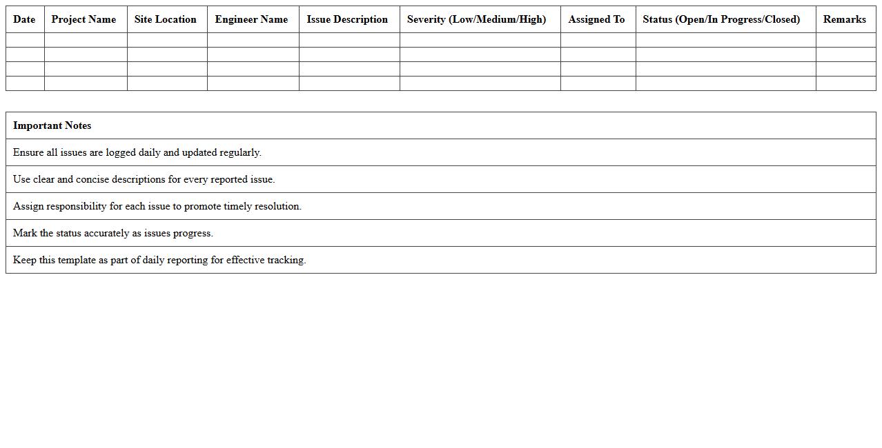Field Engineer Daily Issue Tracking Template