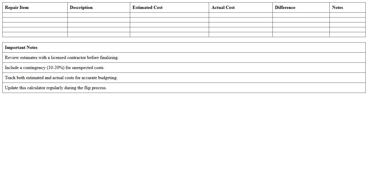 Flip House Repair Cost Calculator Excel