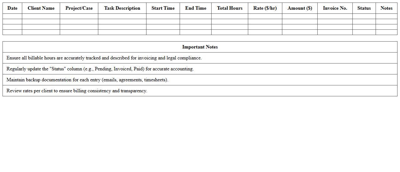 Freelance Legal Billable Hours Tracker Spreadsheet