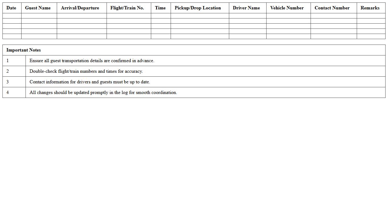 Guest Arrival & Departure Transportation Log Excel