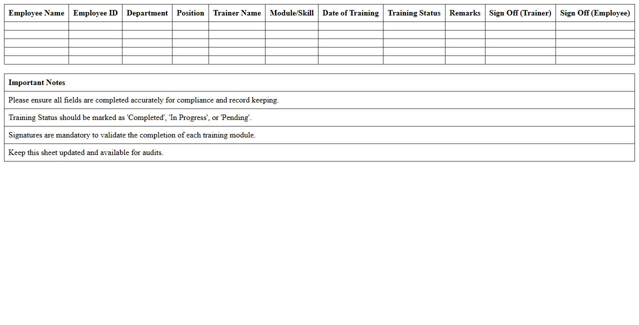 Guest Services Training Record Sheet Excel