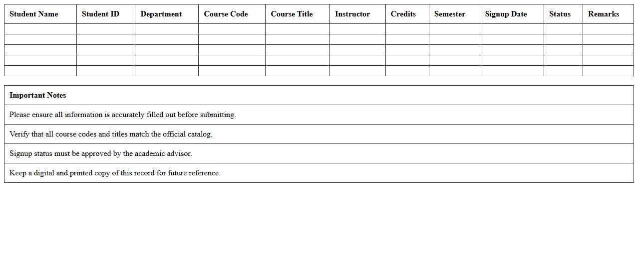 Higher Education Course Signup Record Sheet