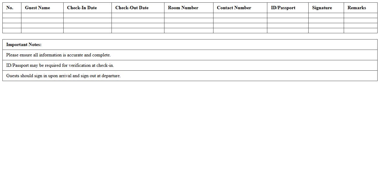 Homestay Guest Sign-In Sheet Excel