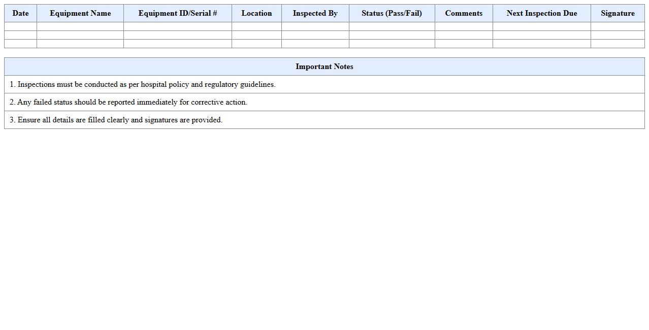 Hospital Equipment Inspection Log Spreadsheet