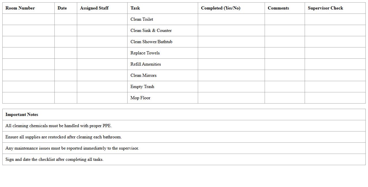 Hospitality Bathroom Cleaning Duty Excel Checklist