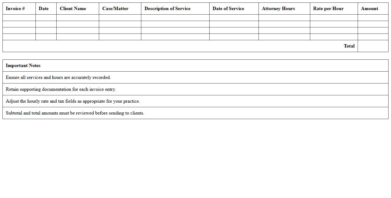 Hourly Rate Legal Invoice Excel Sheet for Solo Attorneys