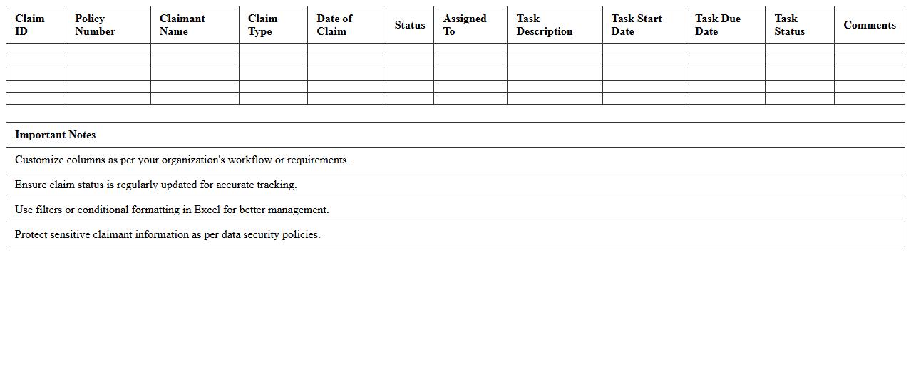 Insurance Claim Task Management Excel Template