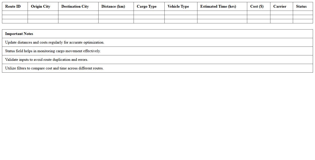 Intercity Cargo Route Optimization Excel Template