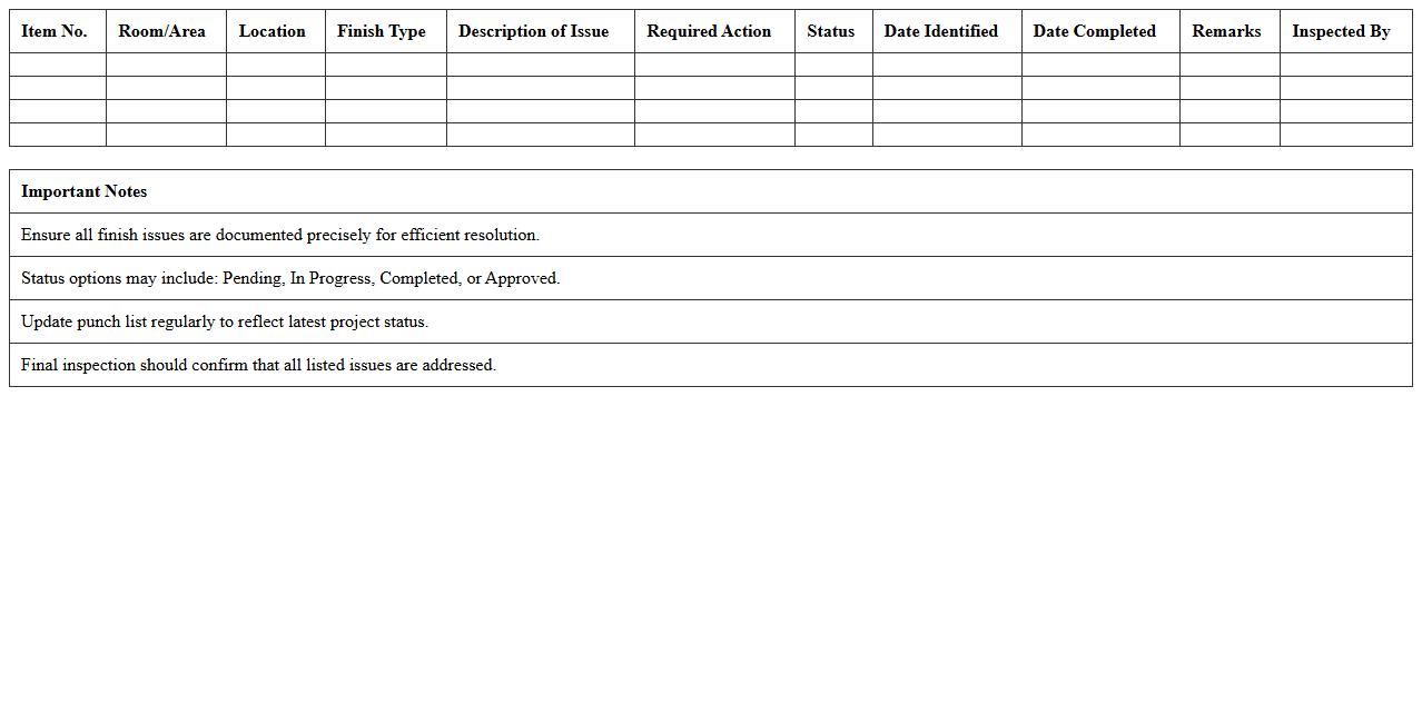 Interior Finishes Punch List Excel Template for Project Completion