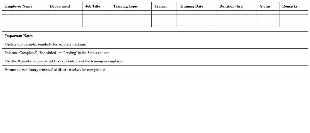 IT Employee Technical Skills Training Calendar Excel Template