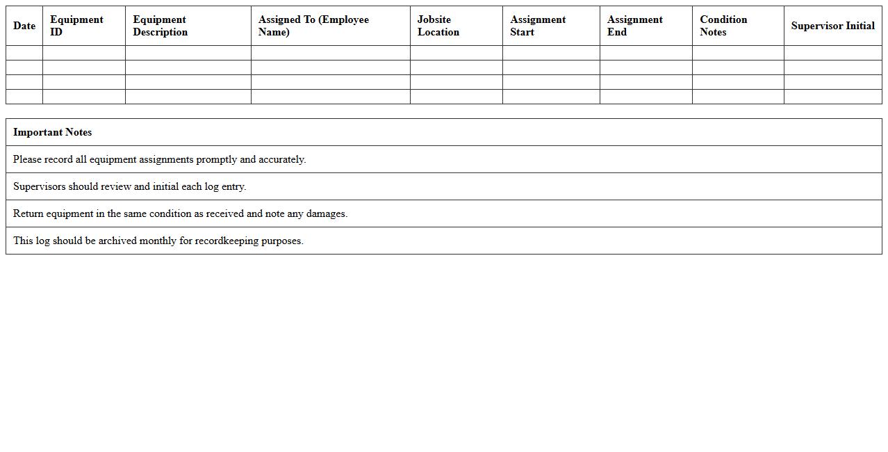 Jobsite Equipment Assignment Log Excel Template