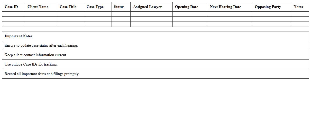 Legal Case Management Excel Template