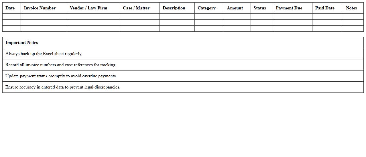 Legal Expenses and Invoices Excel Sheet