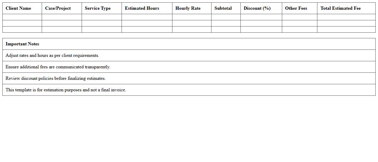 Legal Fee Estimator Excel Template for Consultants
