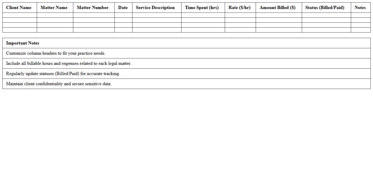 Legal Matter Billing Summary Excel Template for Solo Practice