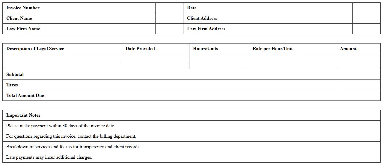 Legal Service Invoice and Fee Breakdown Excel