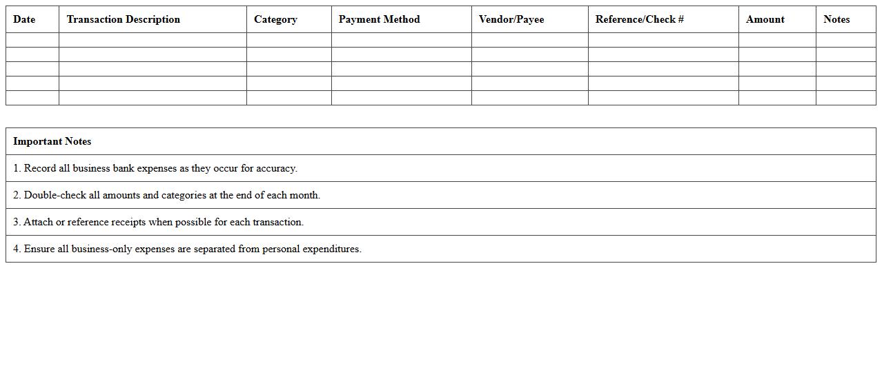 Monthly Business Bank Expense Log Spreadsheet