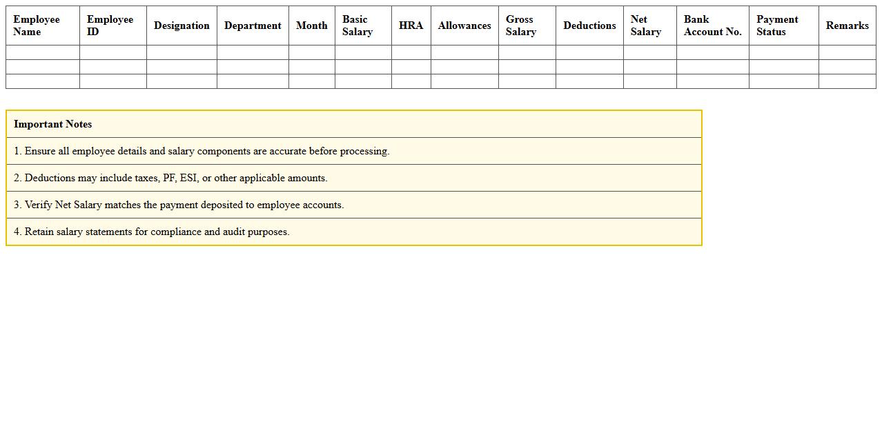 Monthly Salary Statement Excel Template