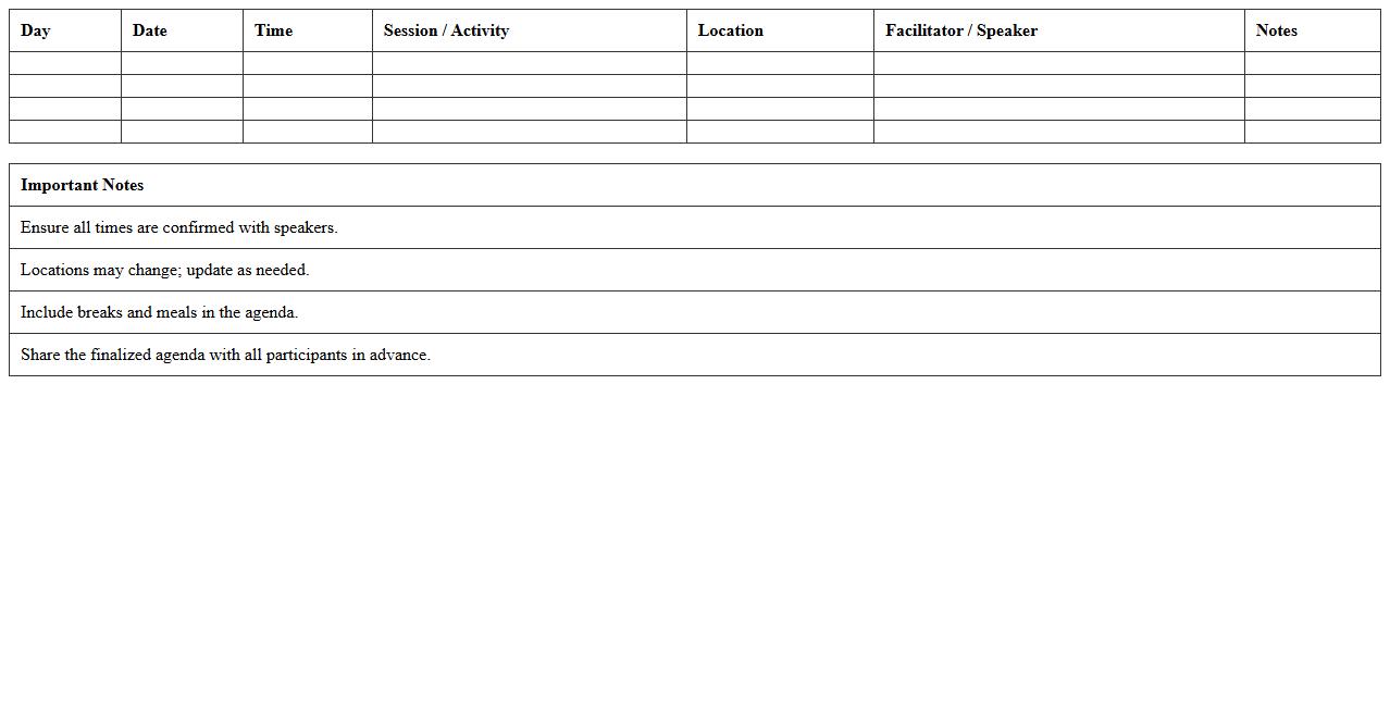 Multi-Day Event Agenda Excel Planner