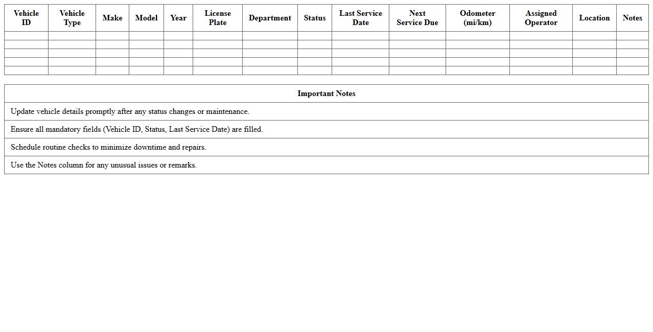Municipal Maintenance Vehicle Inventory Spreadsheet