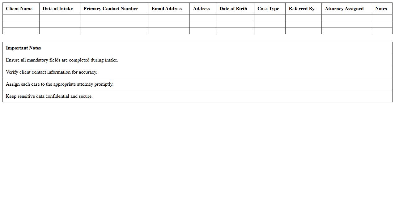 New Client Intake Form Spreadsheet for Law Firms