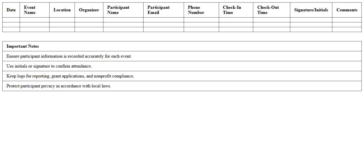 Nonprofit Event Attendance Log Excel