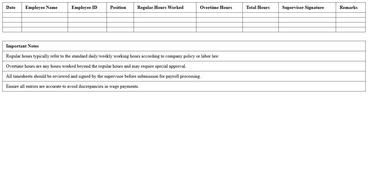 Overtime & Regular Hours Construction Staff Timesheet