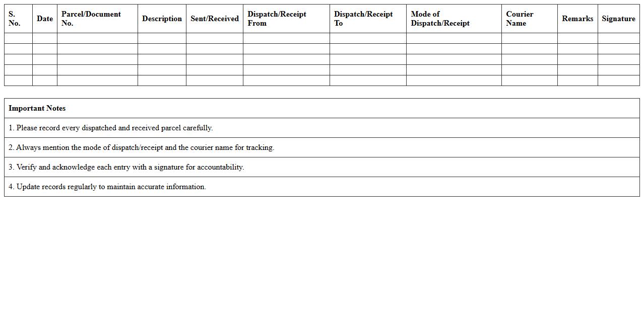 Parcel Dispatch and Receipt Record Excel Sheet