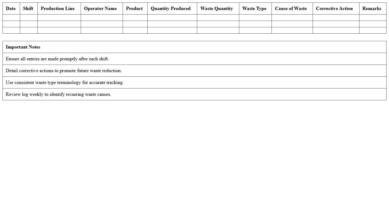 Production Waste Reduction Log Template
