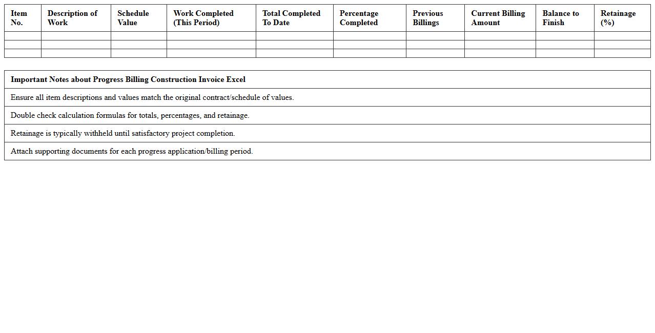 Progress Billing Construction Invoice Excel