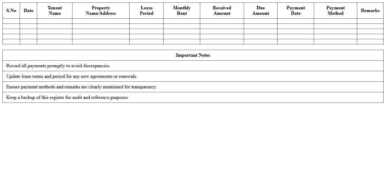 Real Estate Lease Income Register Sheet