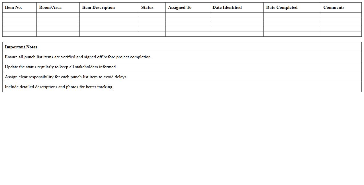 Residential Construction Punch List Excel Template
