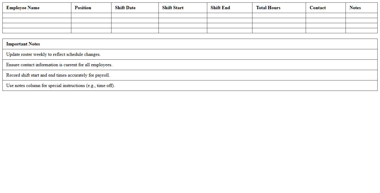 Restaurant Employee Roster Excel Template