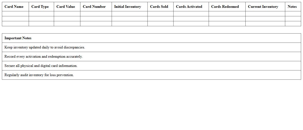 Retail Gift Card Inventory Management Excel Template