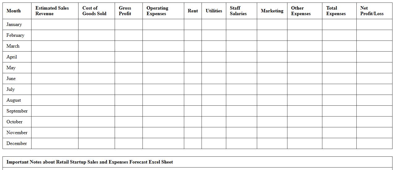 Retail Startup Sales and Expenses Forecast Excel Sheet