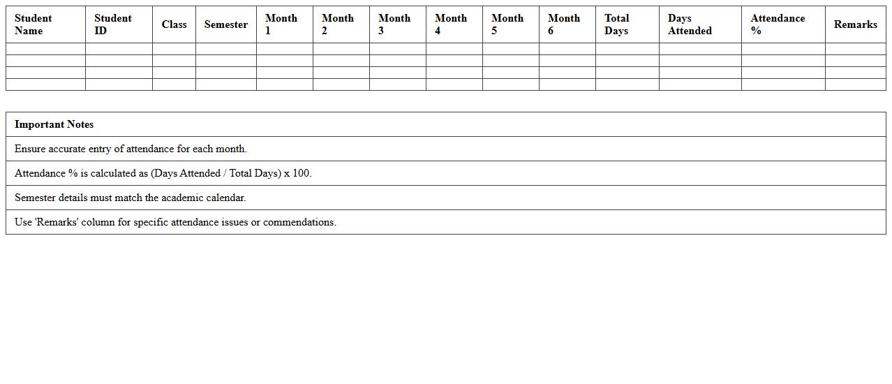 Semester Attendance Report Excel Template
