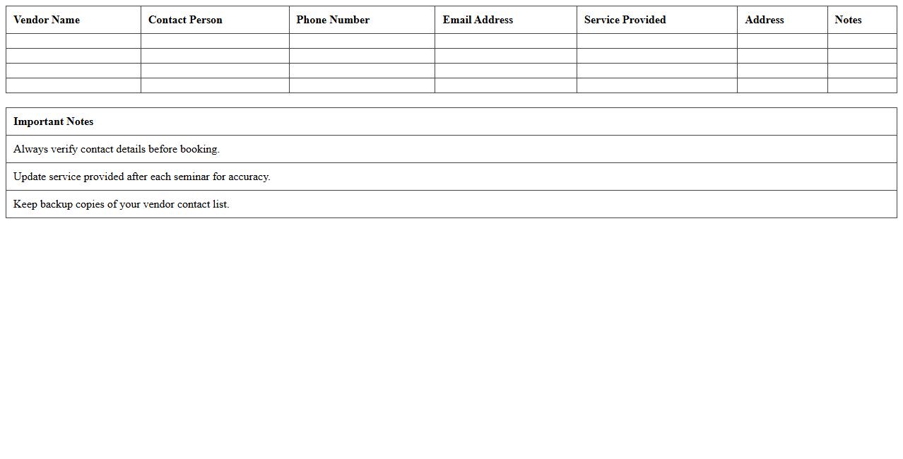 Seminar Vendor Contact List Excel Template