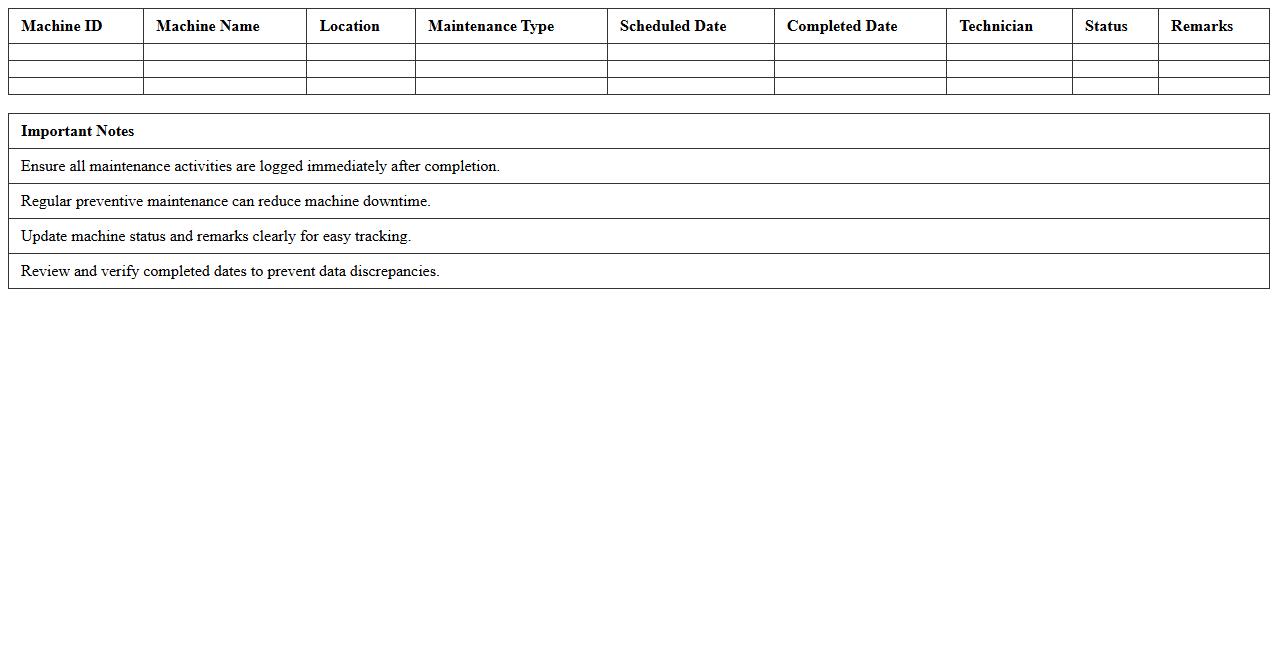 Shop Floor Machine Maintenance Record Excel Template