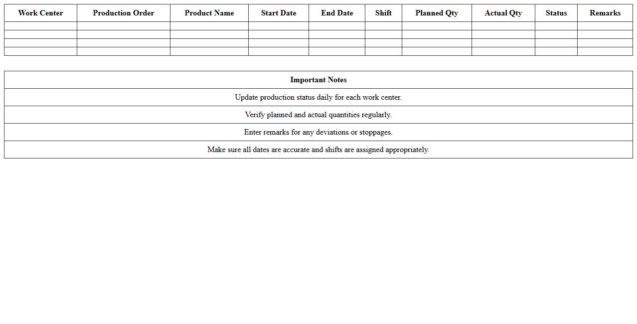 Small Factory Work Center Production Calendar Excel