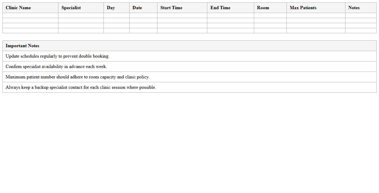Specialist Clinic Scheduling Excel Planner