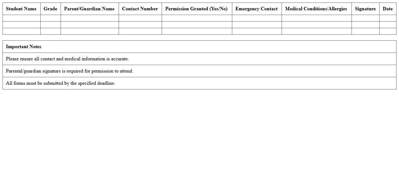 Student Field Trip Permission Excel Sheet Template
