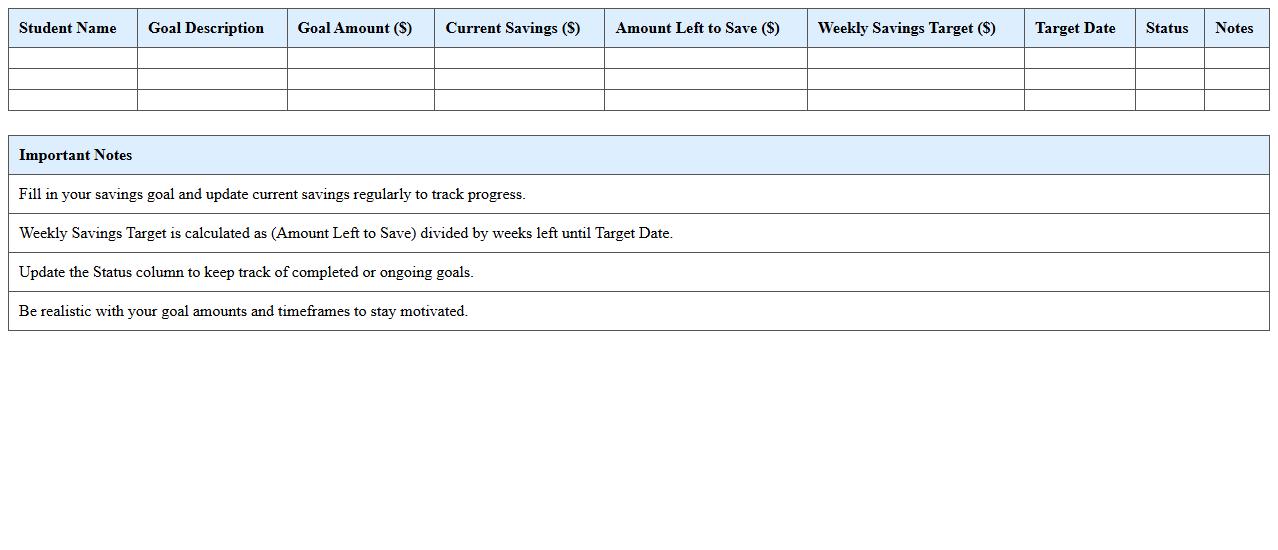 Student Savings Goal Planner Excel Template